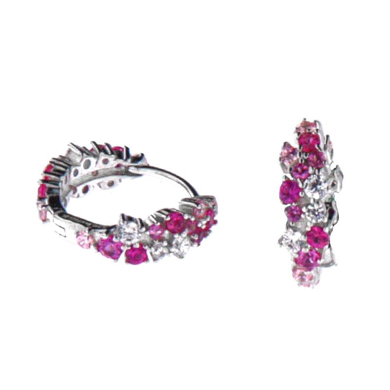 Radiant Pink & Clear Gemstone Silver Hoops