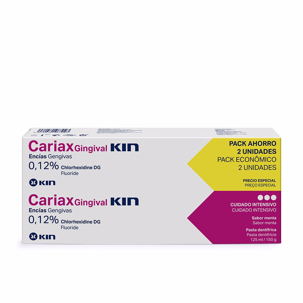 Kin Tube of therapeutic toothpaste labeled for gingival care with chlorhexidine and fluoride, clean clinical packaging