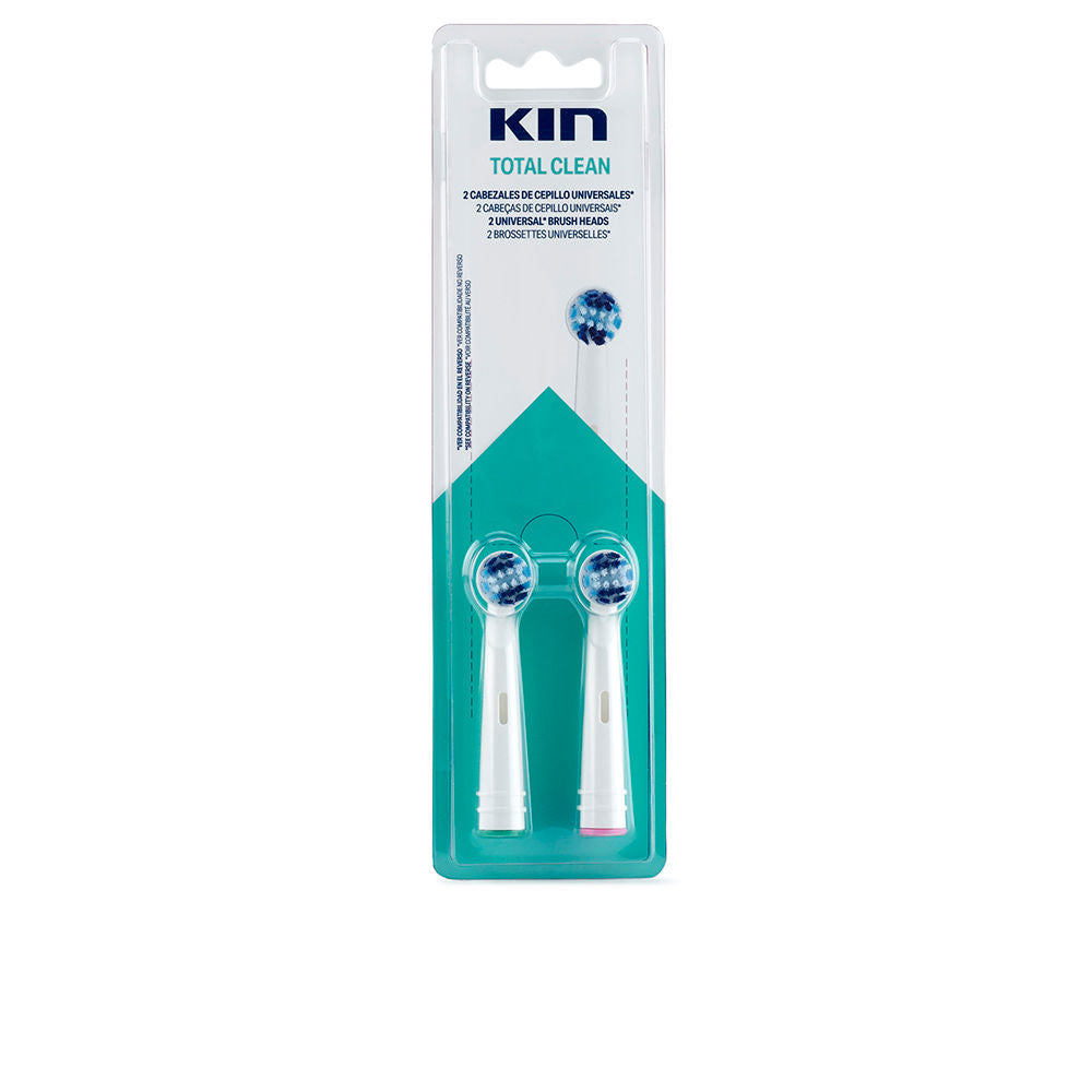 Two white universal electric toothbrush replacement heads with blue indicator bristles