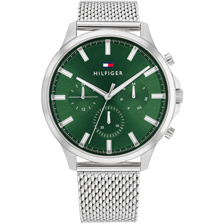 Timeless Precision in Silver and Green Mesh