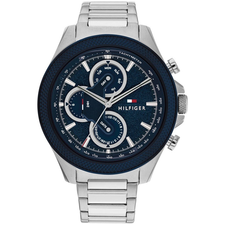 Sleek Silver Chronograph with Blue Dial Accents