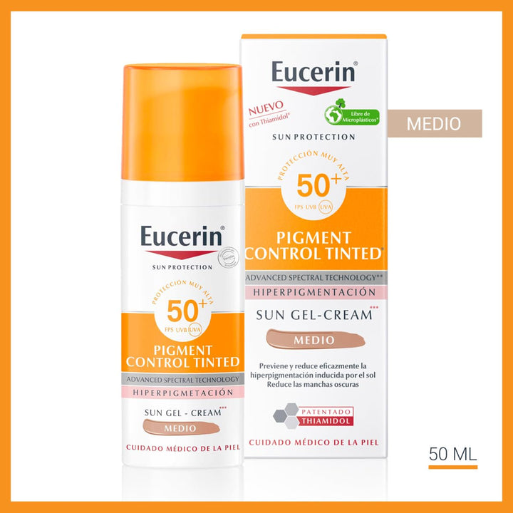 50 ml tinted SPF 50+ sun fluid in medium shade, lightweight non‑greasy texture