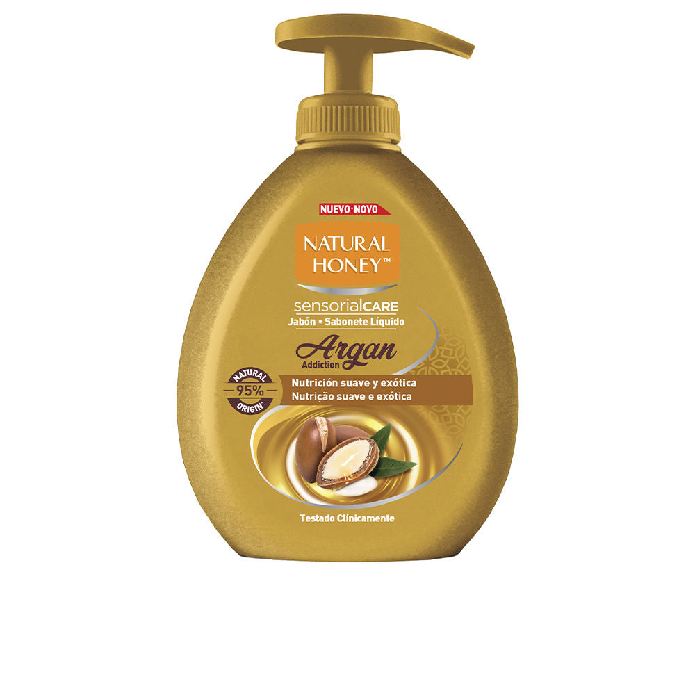 300 ml translucent pump bottle of argan hand wash, labelled Elixir Argan