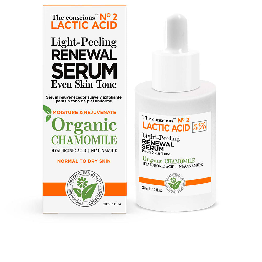 30 ml glass bottle of lactic acid exfoliant serum with chamomile emphasis