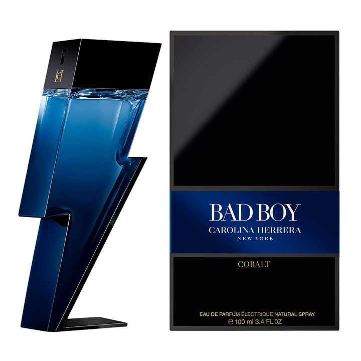 Cobalt-gradient perfume bottle and box, 100 ml, deep blue glass bottle with lightning motif