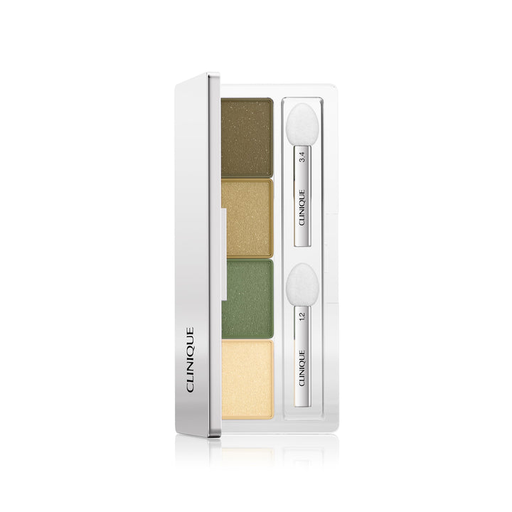 Compact four-shade powder eyeshadow in illustrated case with two sponge applicators