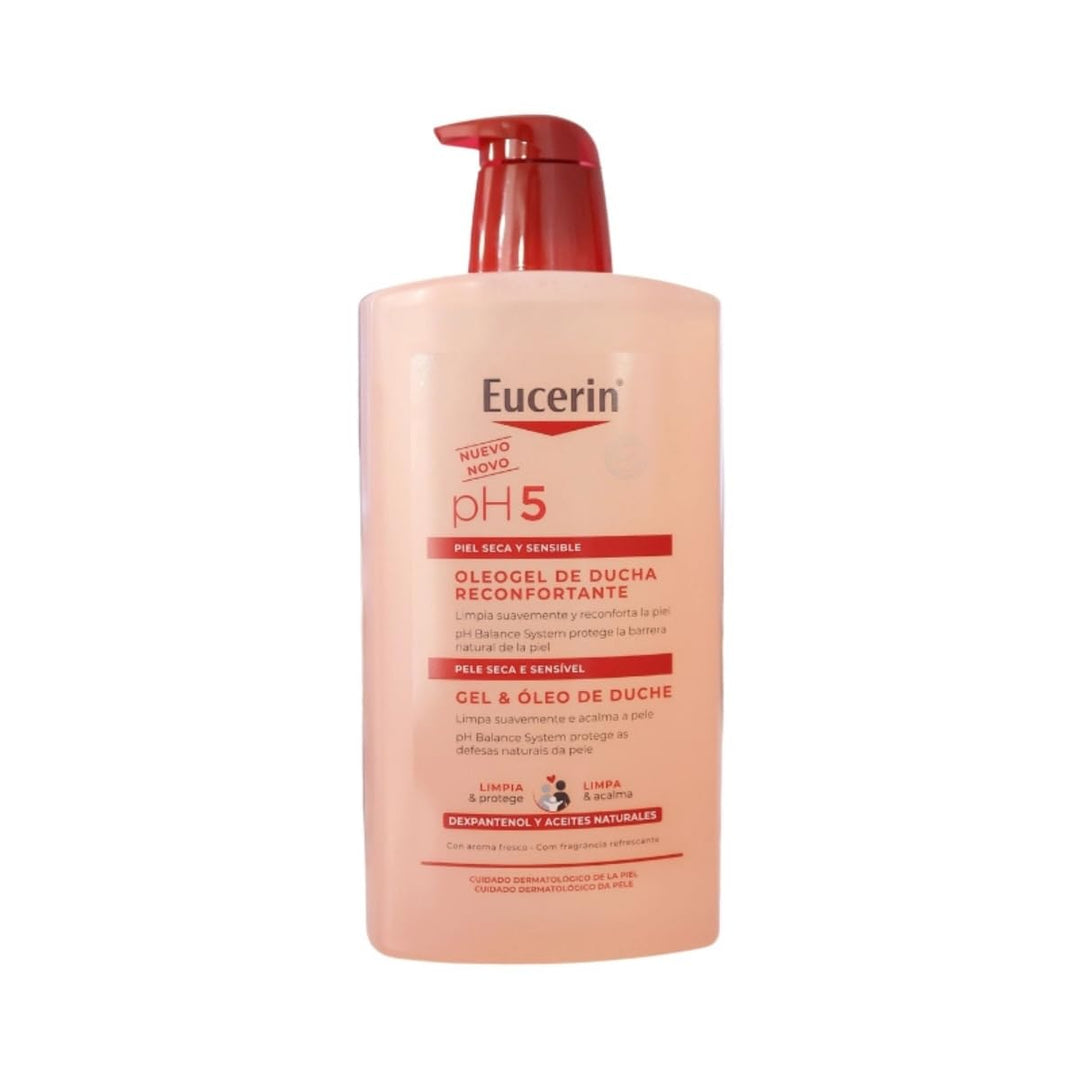 Eucerin Tall translucent bottle of pale golden shower gel oil with minimalist label and flip-top cap