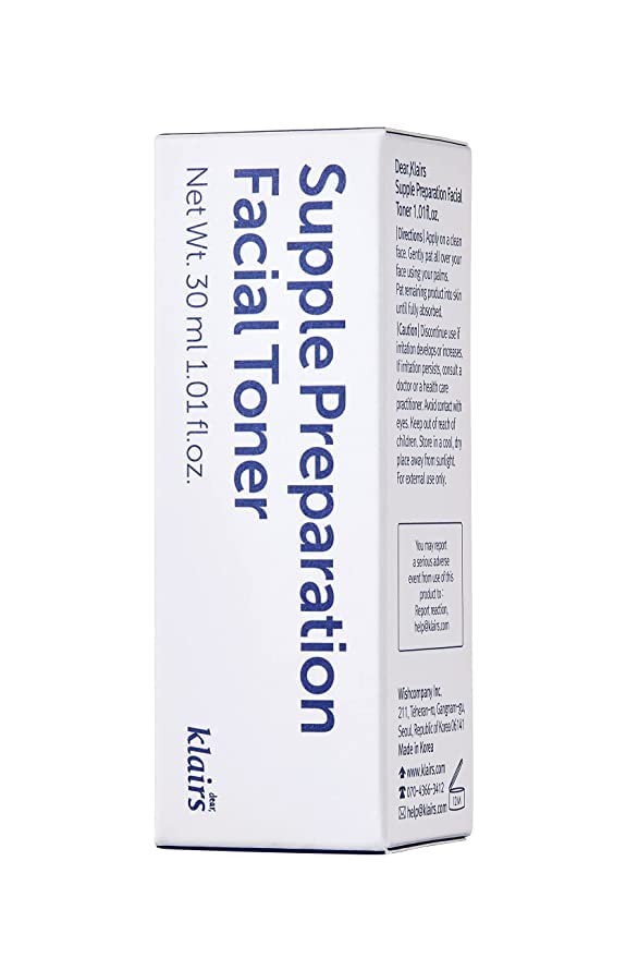 Klairs 30 mL cylindrical plastic toner bottle with black screw cap, cream label and blue panel.