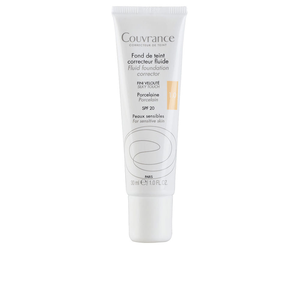 Avène Minimalist white plastic tube with cap and printed text, small size showing fluid foundation corrector swatch