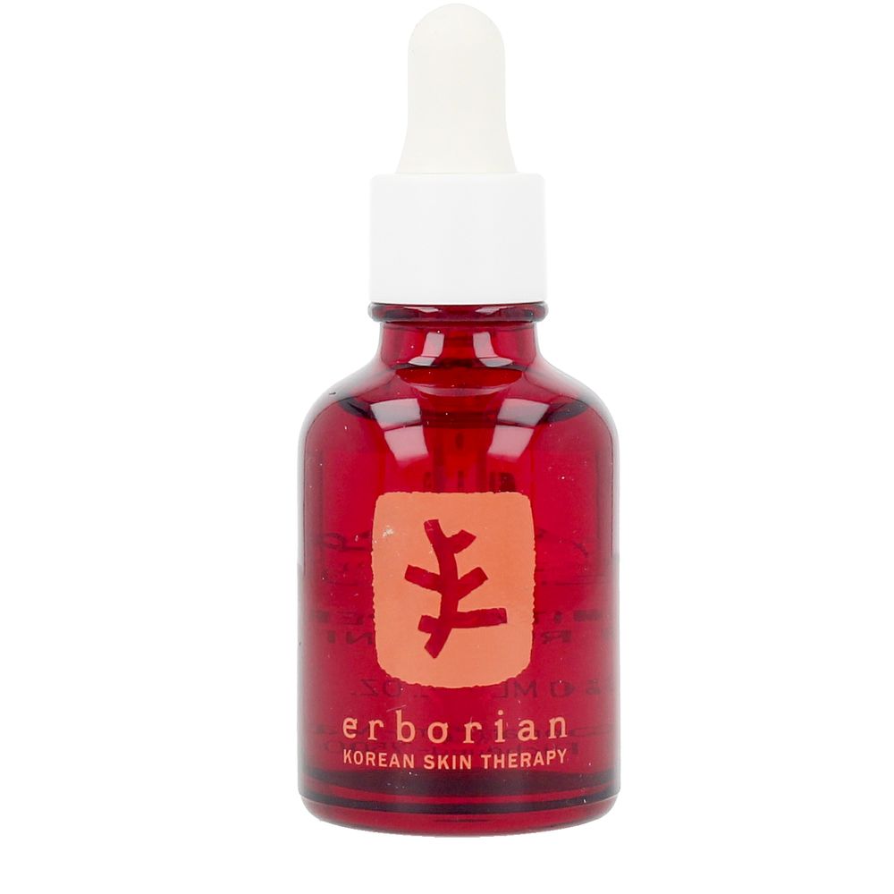 Erborian Glass red serum bottle with dropper cap, transparent glass, printed label and logo