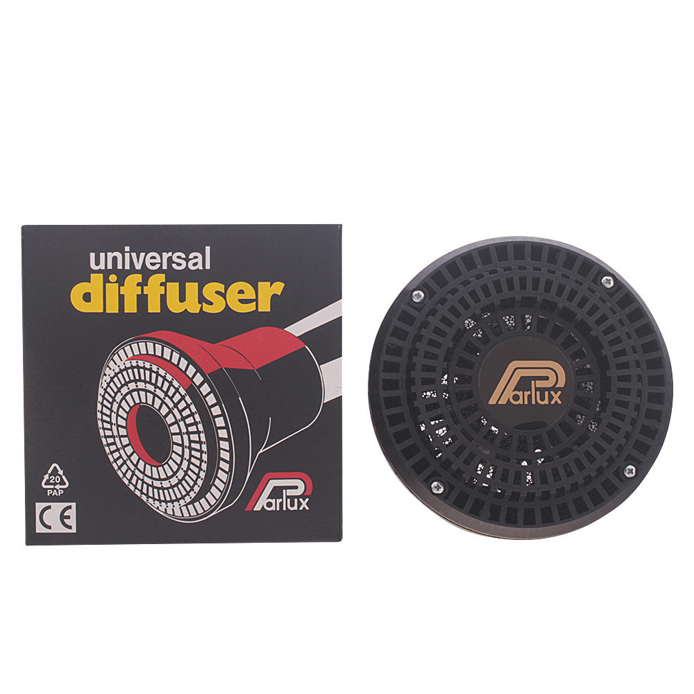 Black Parlux universal diffuser with glass cap and rubber rim, fits Parlux dryers