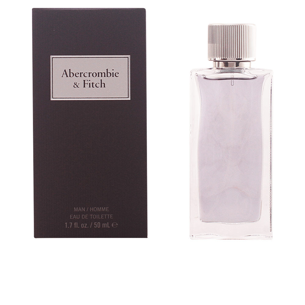 Abercrombie &amp; Fitch Silver and transparent glass perfume bottle with ribbed metallic cap, rectangular shape and side label