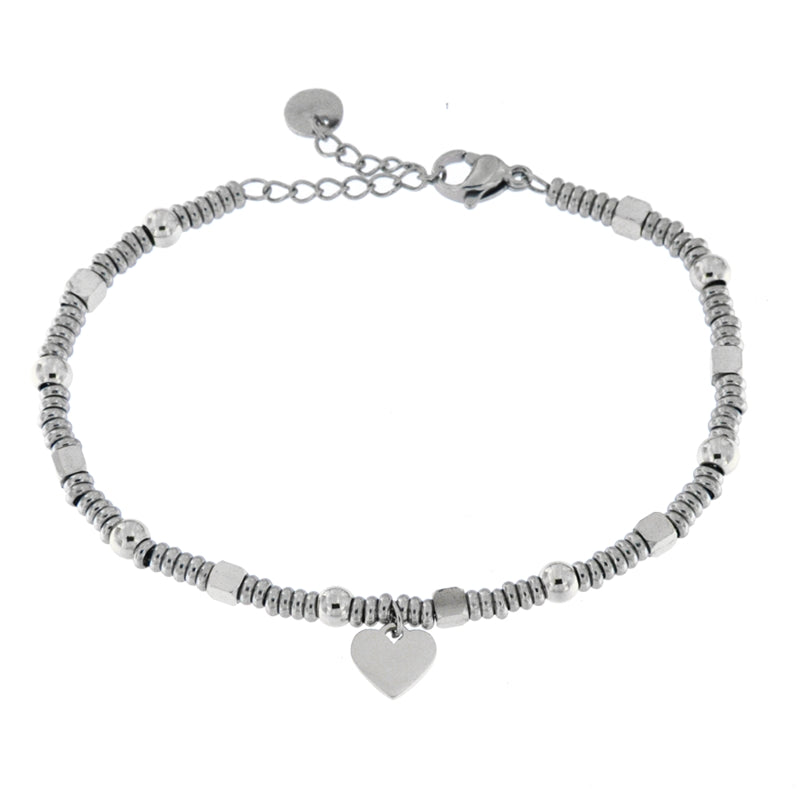 Delicate Silver-Toned Beaded Bracelet with Heart Charm