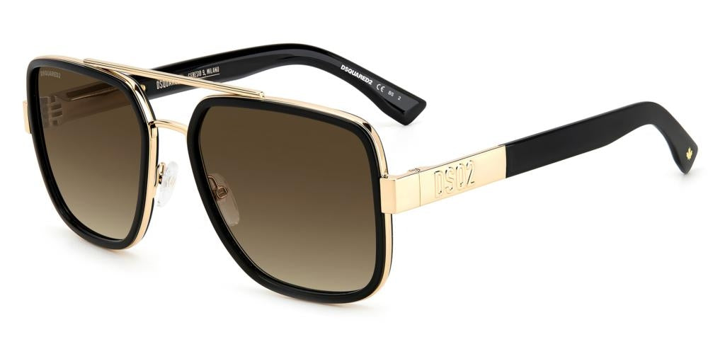 Bold Black and Gold Square Sunglasses with Brown Gradient Lenses