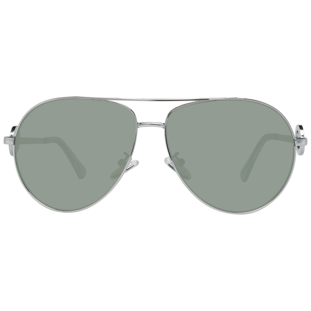 Unisex silver aviator sunglasses with green lenses, double bridge, circular temple logos, light-blue temple tips