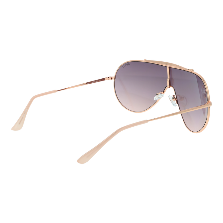 Rose gold aviator sunglasses with thin double-bridge frame and purple-to-grey gradient lenses on white background