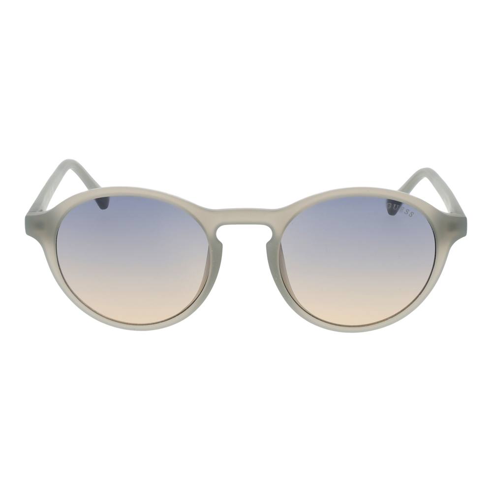 Translucent gray round sunglasses, blue-to-beige gradient lenses, keyhole bridge, plastic frame on white