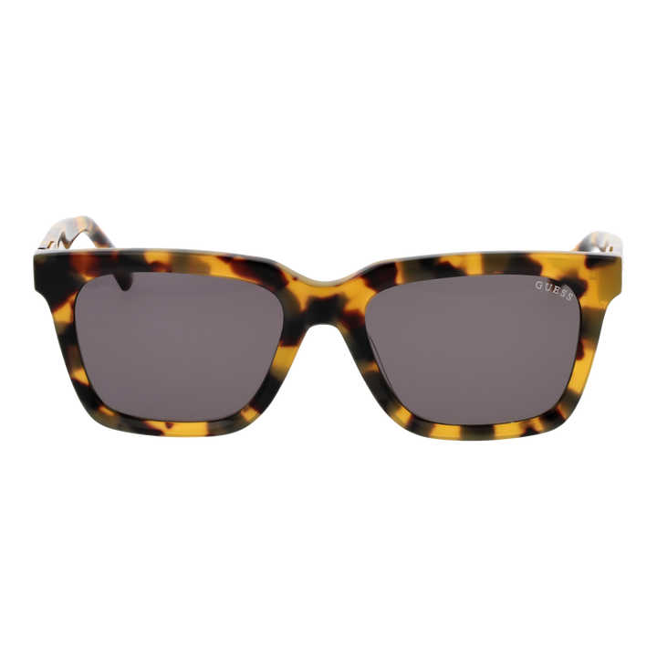 Unisex tortoiseshell square sunglasses in brown-yellow pattern with dark lenses and logo on temple