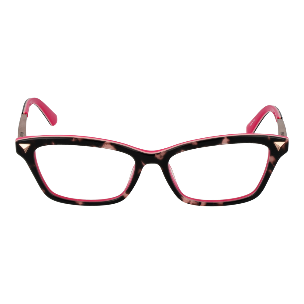 Black tortoiseshell rectangular eyeglasses with pink inner frame and metal temples, triangular corner accents