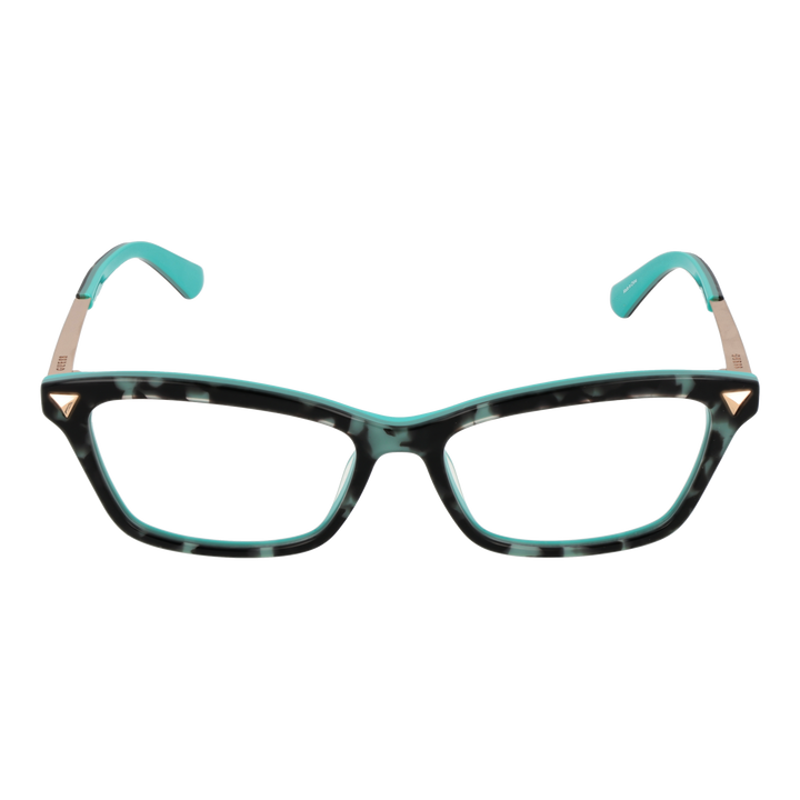 Turquoise and black two-tone rectangular eyeglasses with gold metal temples and triangular corner accents for Women