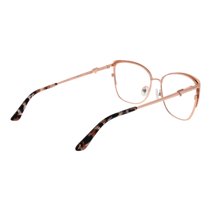 Rose gold metal rectangular eyeglasses with tortoiseshell temple accents on white background, front three-quarter view
