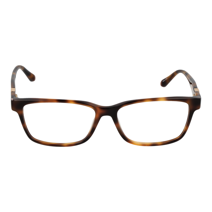 Tortoise brown full-rim rectangular eyeglasses in plastic with gold triangular temple logos, front three-quarter view