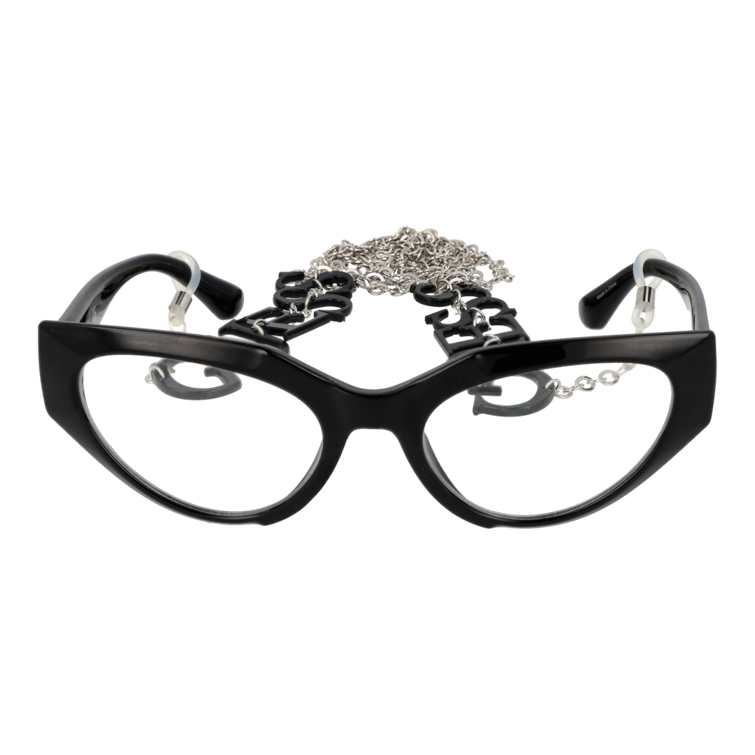 Black cat-eye eyeglasses with plastic frame and metal lettered chain draped against neutral background