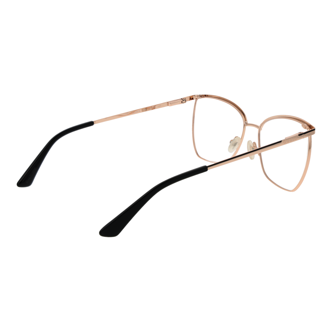 Rose gold metal cat-eye eyeglasses with black accents, thin temples, and clear lenses on white background