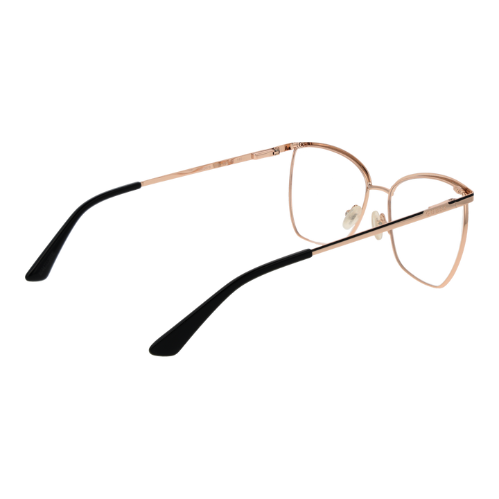 Rose gold metal cat-eye eyeglasses with black accents, thin temples, and clear lenses on white background