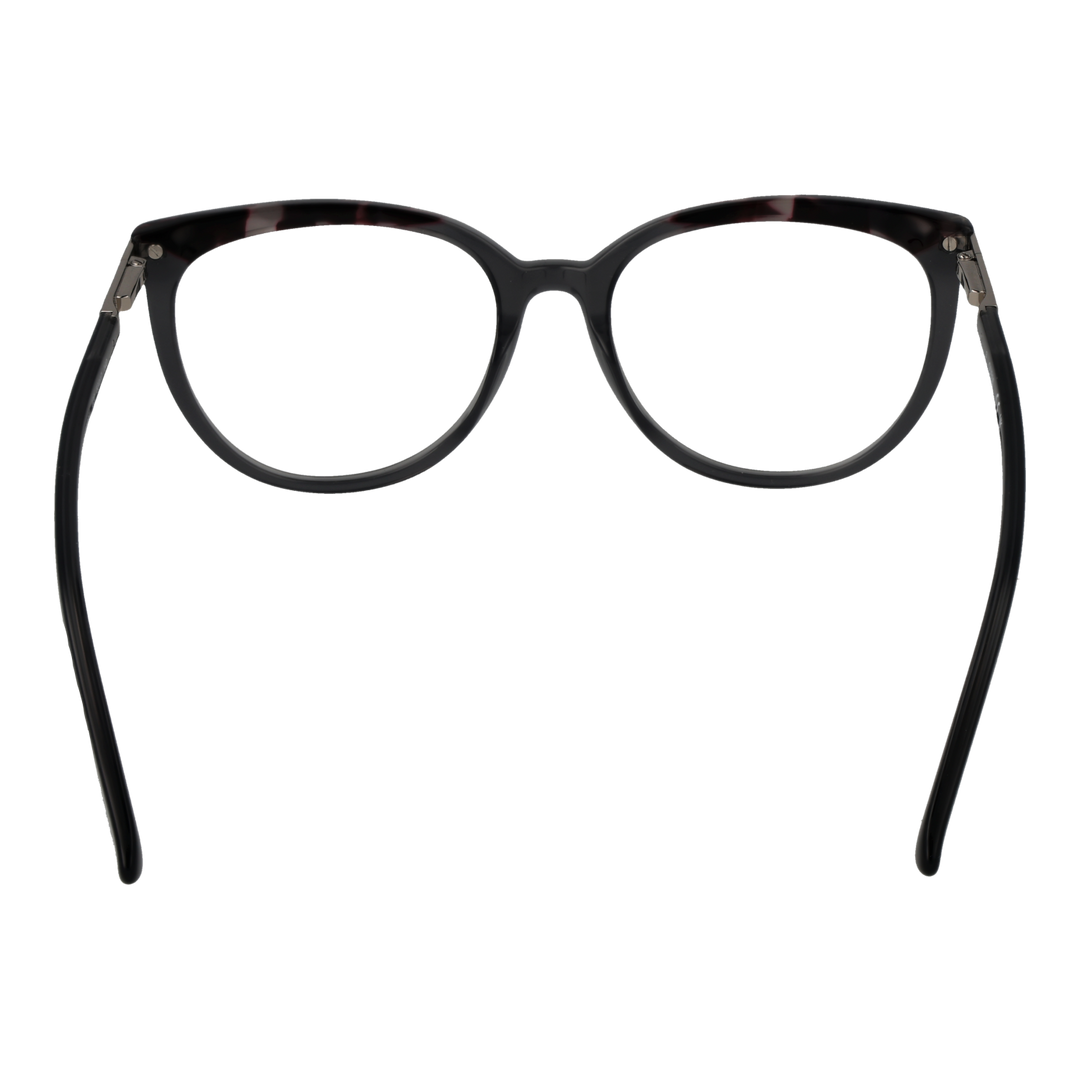 Black tortoiseshell round eyeglasses with metal temple accents and engraved brand detail