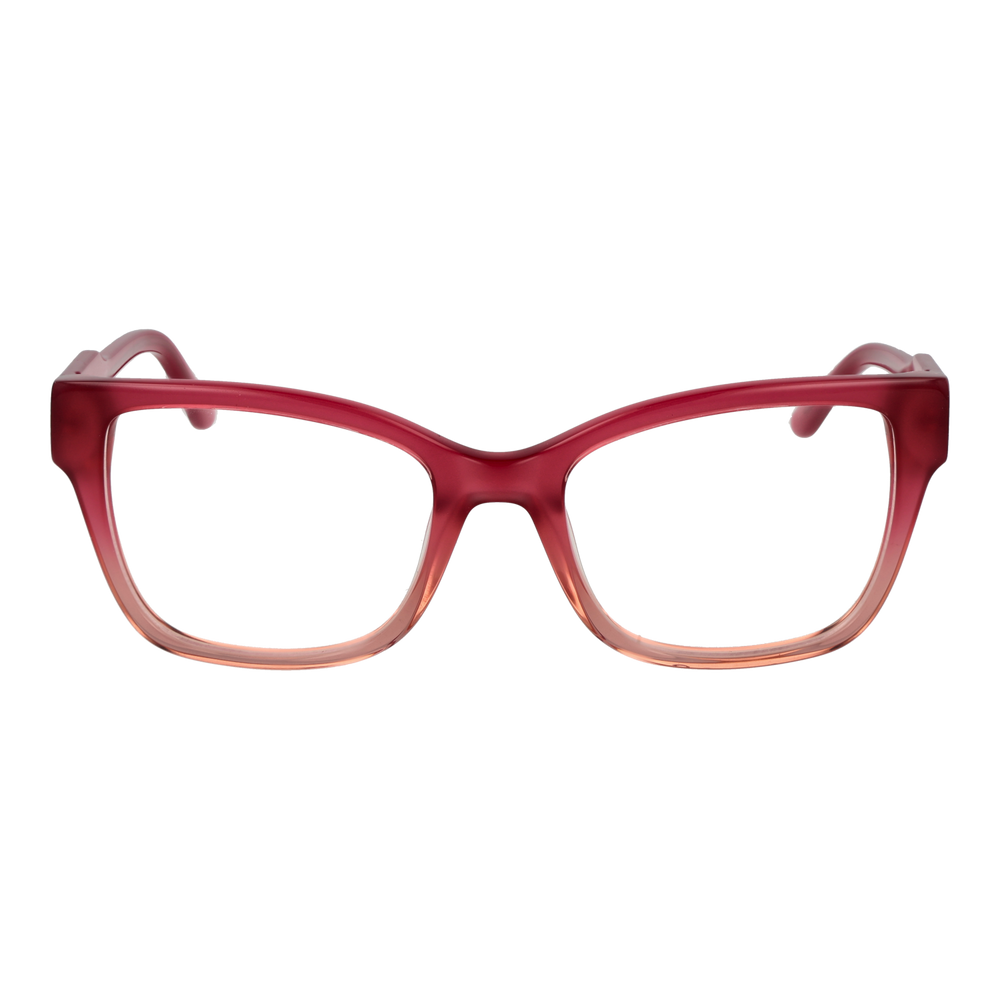 Red-to-peach gradient square eyeglasses with transparent lower rim and logo on temple, modern plastic frame