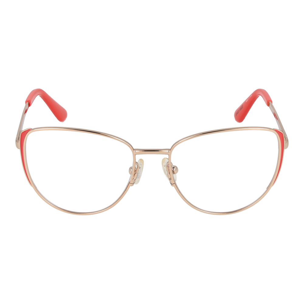 Gold metal cat-eye eyeglasses with coral temple tips, thin temples and adjustable nose pads on white background
