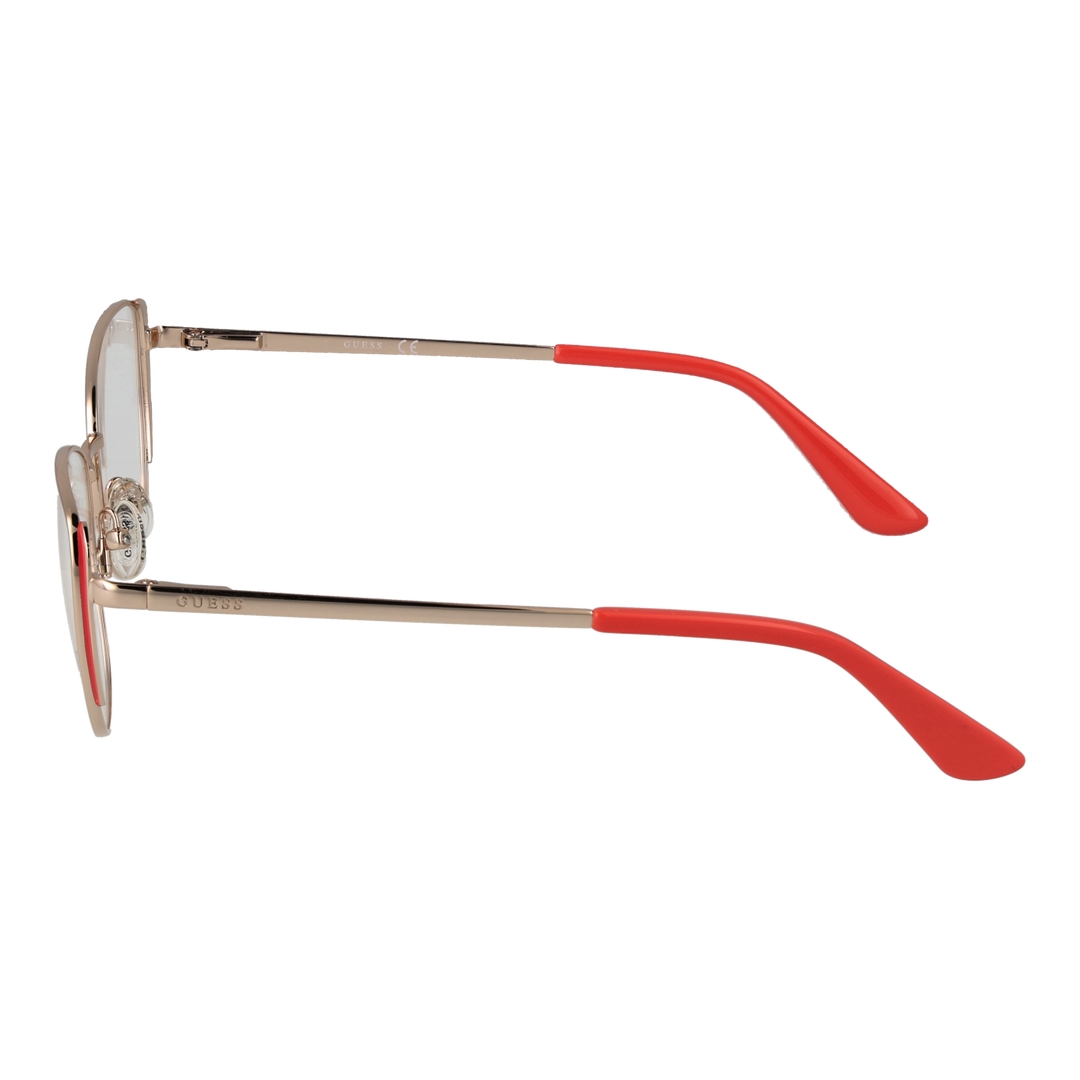 Gold metal cat-eye eyeglasses with coral temple tips, thin temples and adjustable nose pads on white background