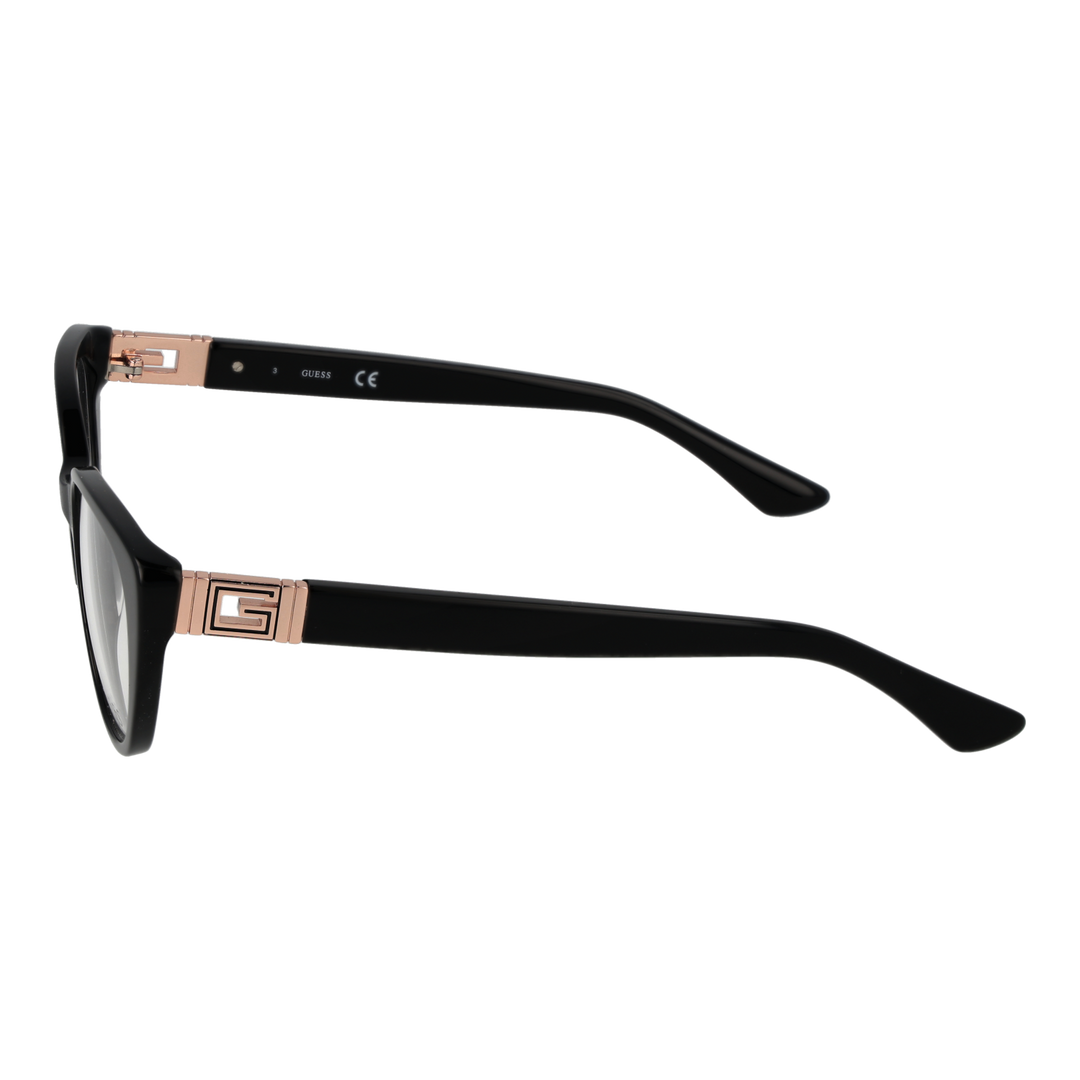 Black retro cat-eye eyeglasses with rose gold metal temple accents and clear lenses for Women