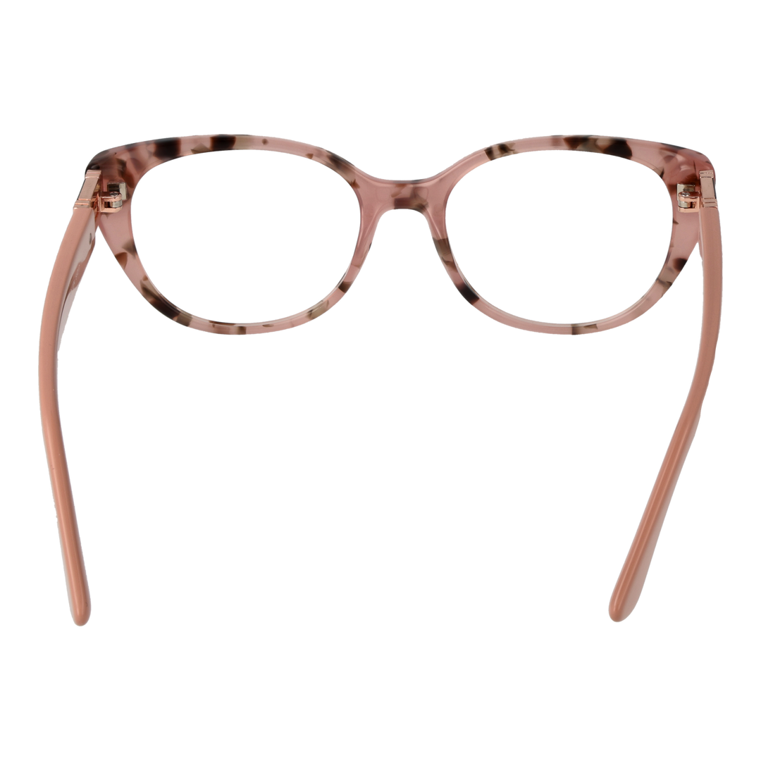 Pink tortoiseshell cat-eye eyeglasses in plastic with decorative metal logos on temples, angled view