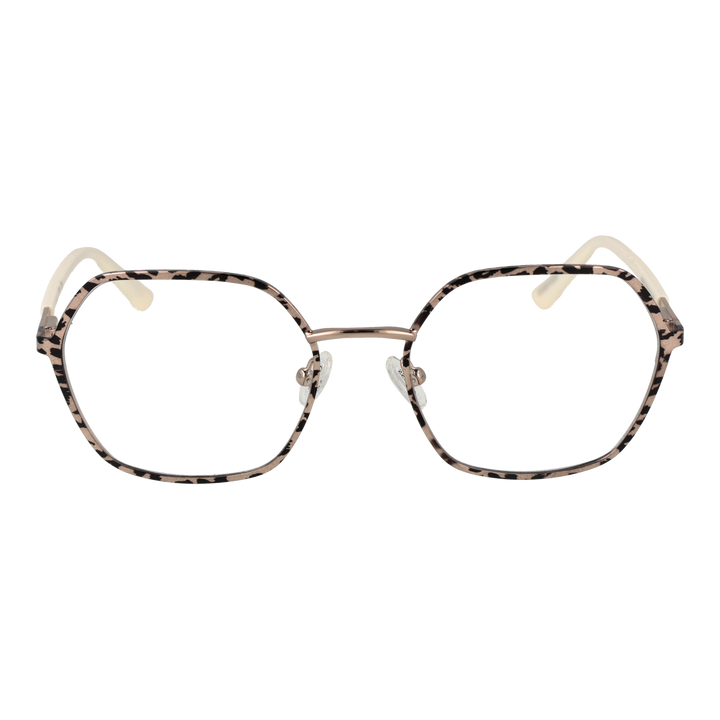 Beige and black tortoise rectangular eyeglasses with metal bridge and clear nose pads on neutral background