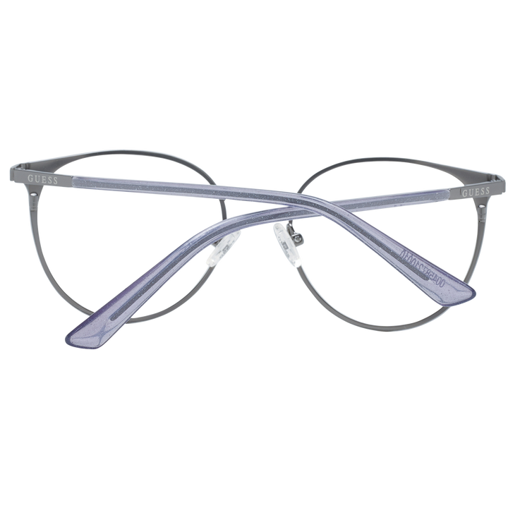 Gray thin metal round eyeglasses on neutral background with adjustable nose pads and minimalist full-rim frame