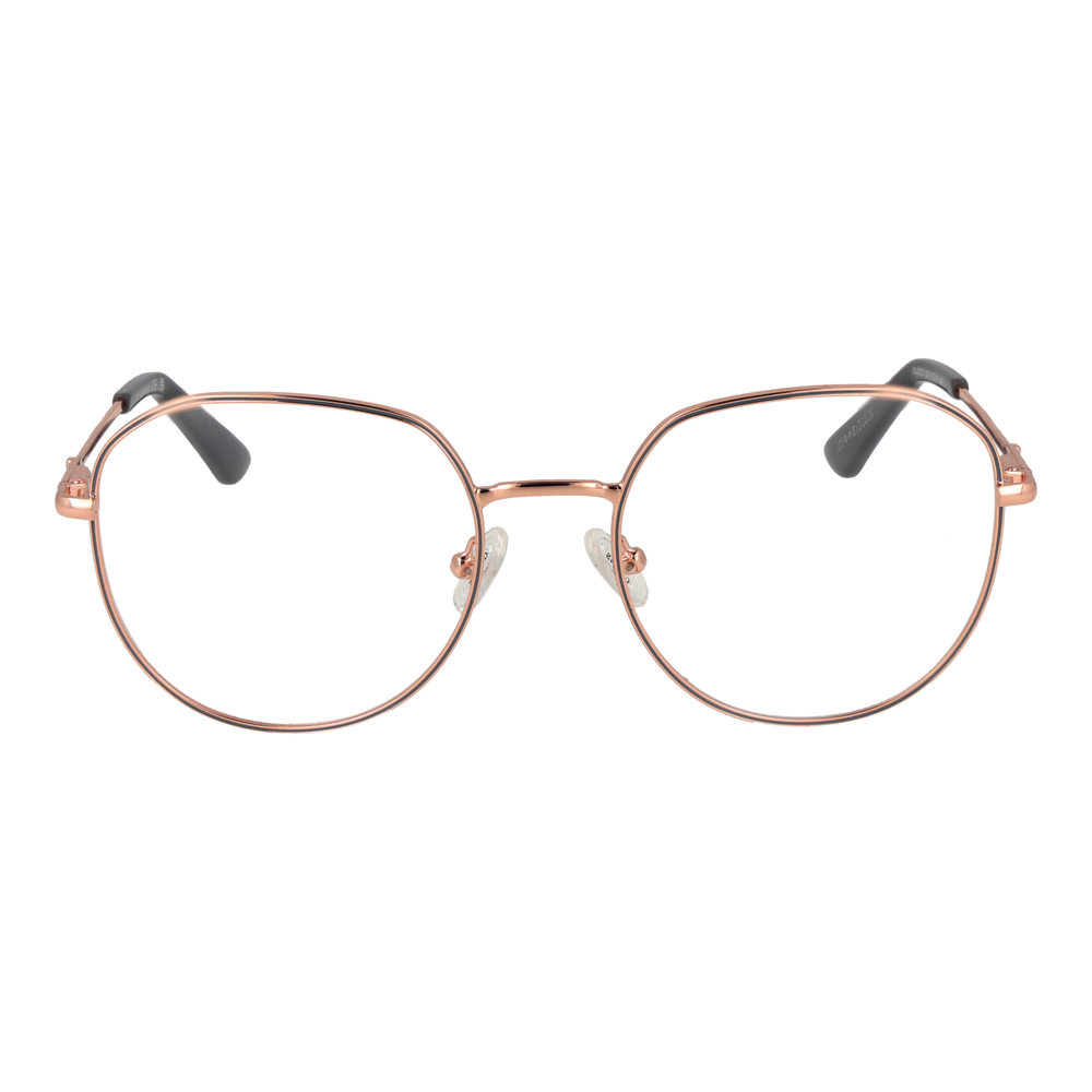 Unisex rose gold thin metal eyeglasses with black temple tips and rounded square lenses on white background