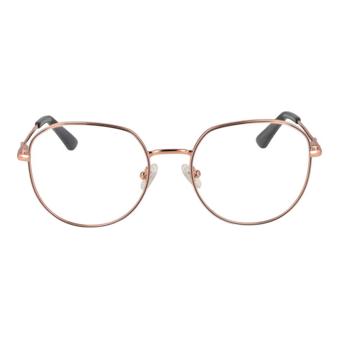 Unisex rose gold thin metal eyeglasses with black temple tips and rounded square lenses on white background