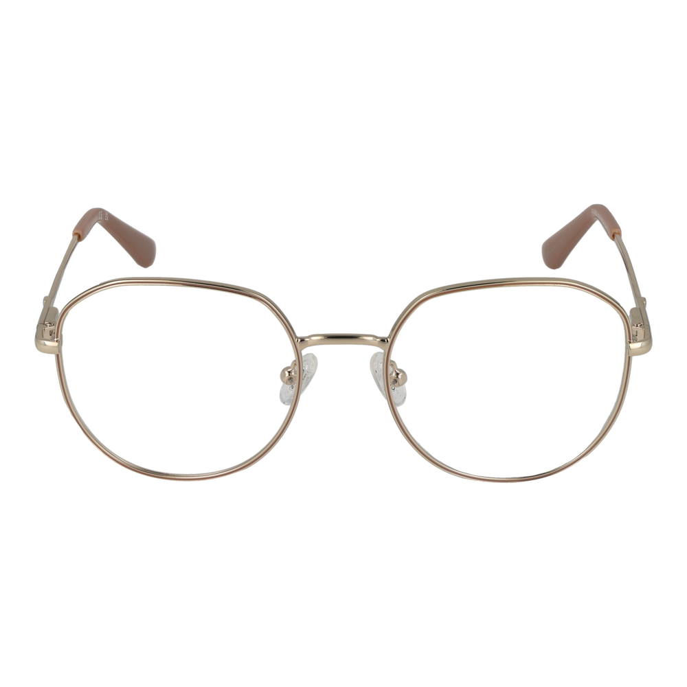 Unisex gold metal rounded-square eyeglasses with thin temples and adjustable nose pads on white background
