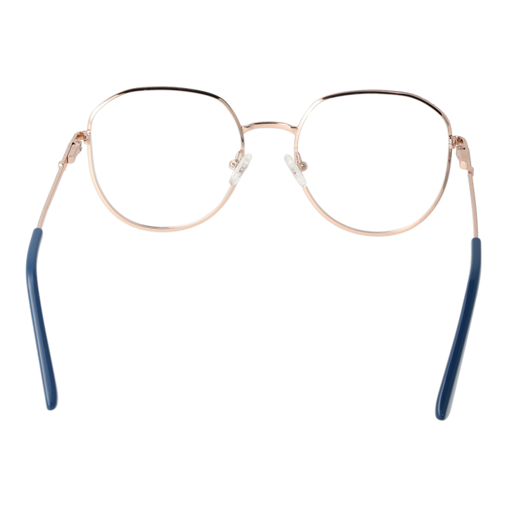 Rose gold metal eyeglasses with rounded square lenses and navy accents on thin temples, Unisex frame
