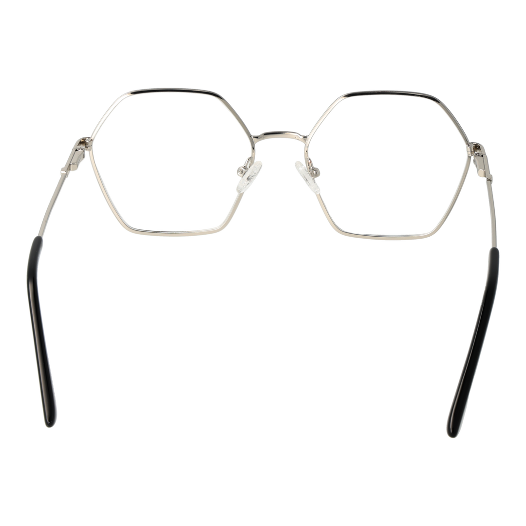 Unisex silver hexagonal metal eyeglasses with thin temples and black temple tips on white background