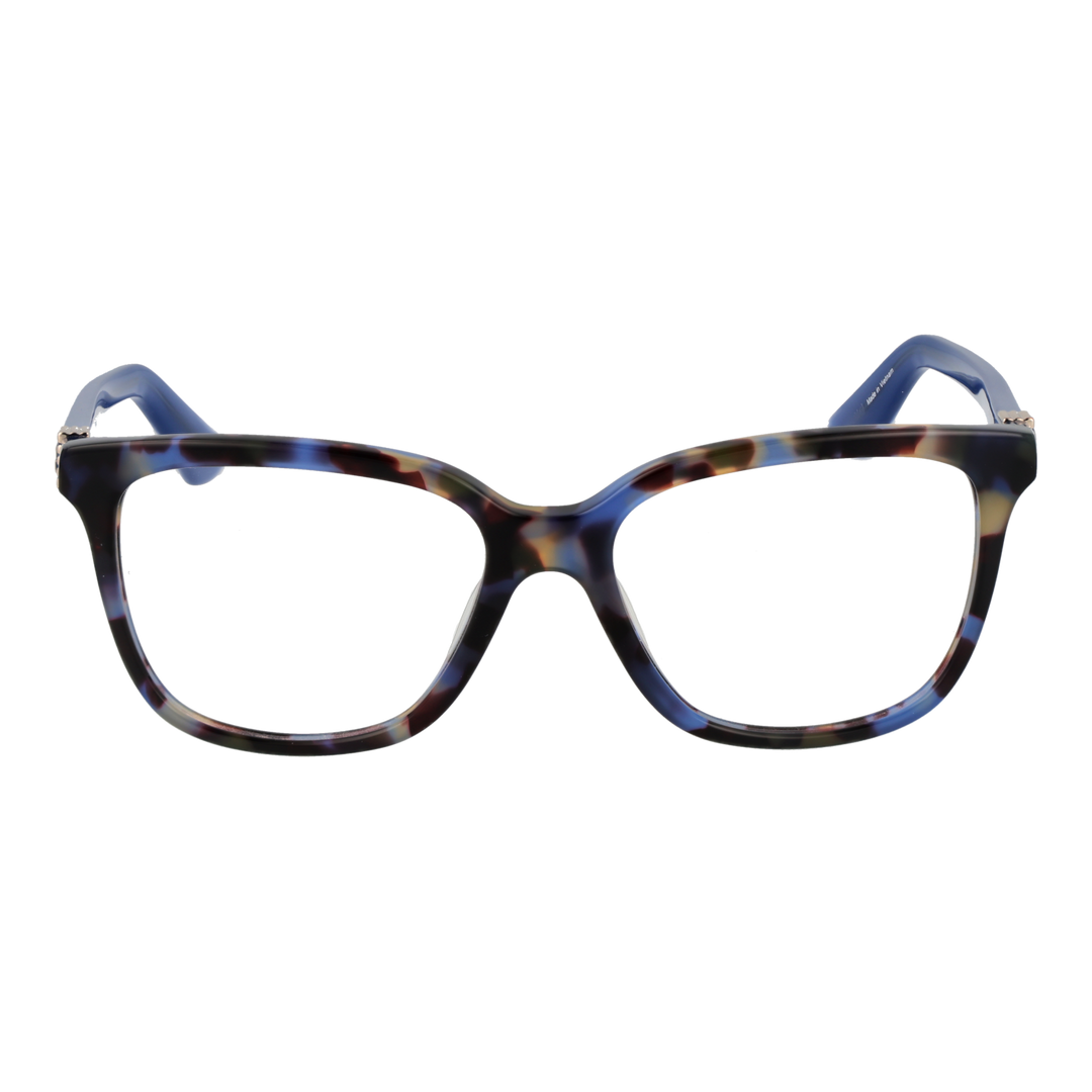 Blue and tortoise patterned square eyeglasses with solid blue temples and metal logo detail