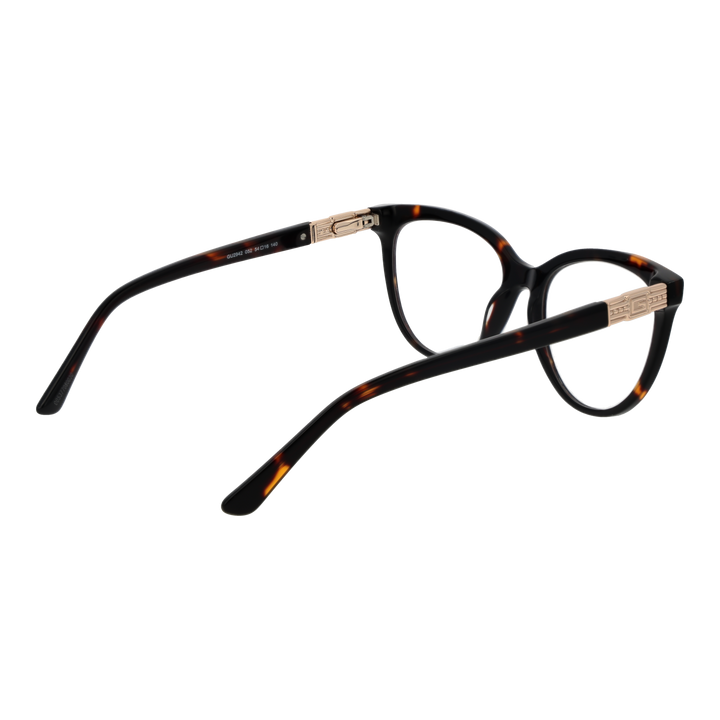 Black tortoiseshell cat-eye eyeglasses for Women with gold temple emblem, plastic frame and metal accents
