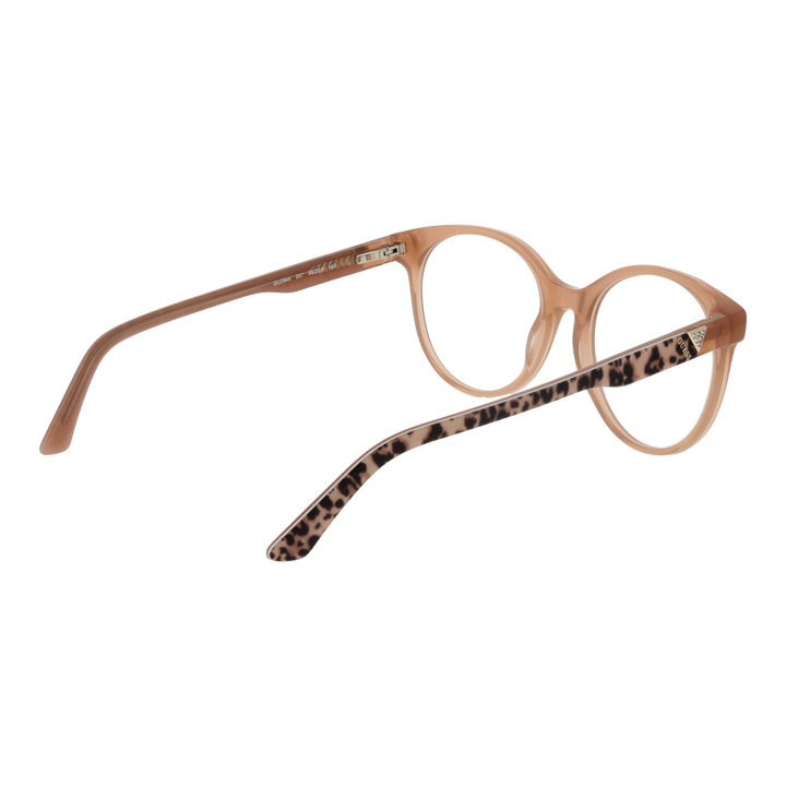 Round transparent eyeglasses with brown leopard-patterned temples and metal logo detail for Women