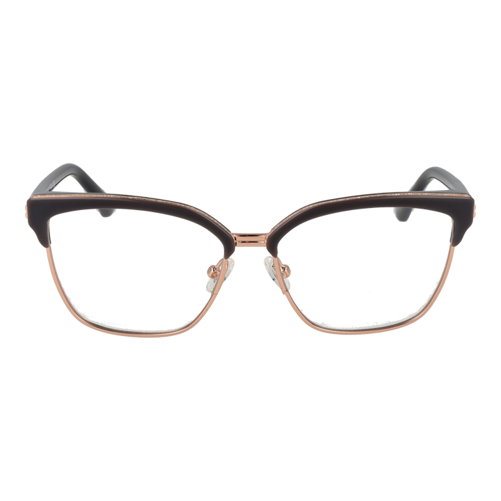 Black cat-eye eyeglasses with rose-gold metal frame and black plastic temples on white background