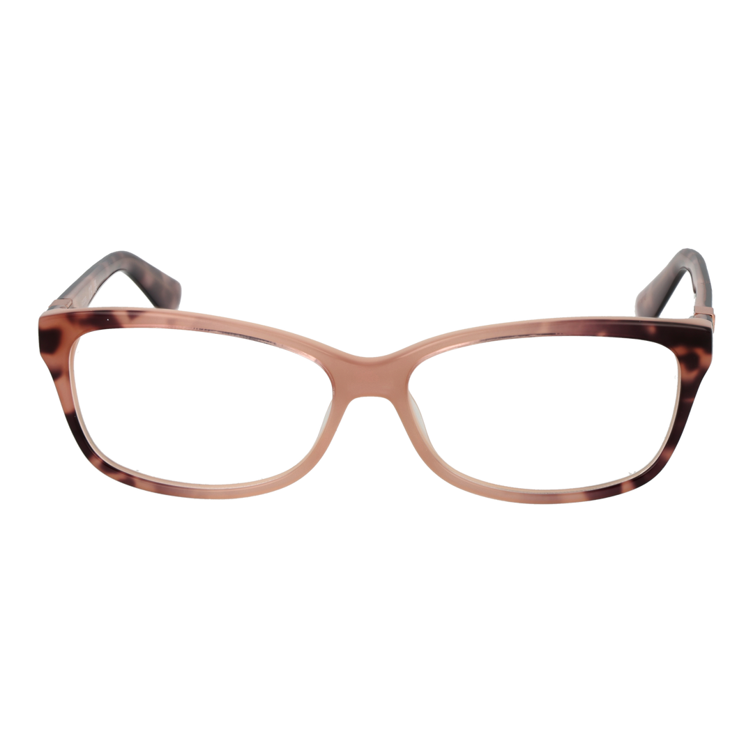 Brown and pink tortoiseshell rectangular eyeglasses in glossy plastic with metal logo on temples