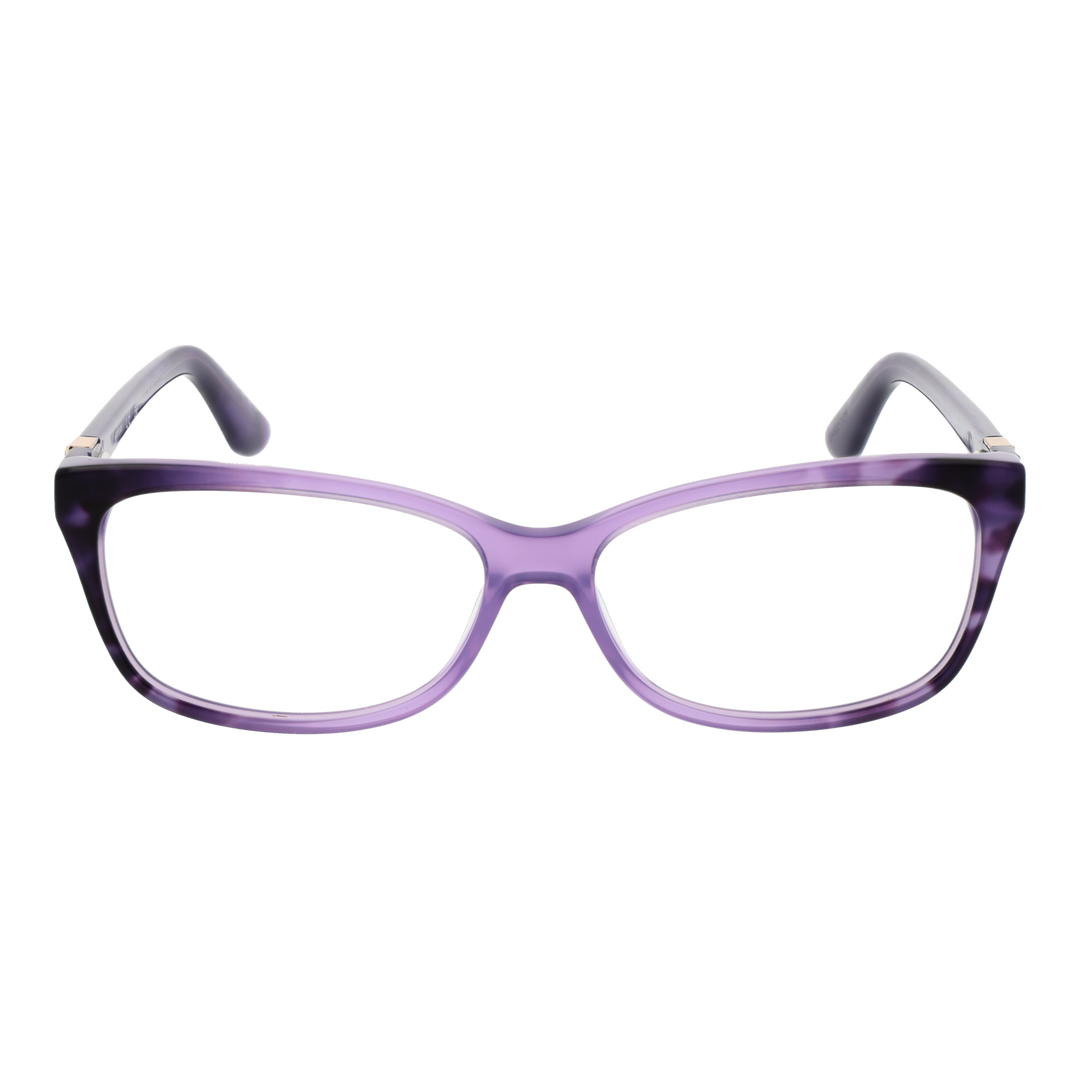 Purple tortoiseshell rectangular eyeglasses in plastic with gold temple accents on neutral background