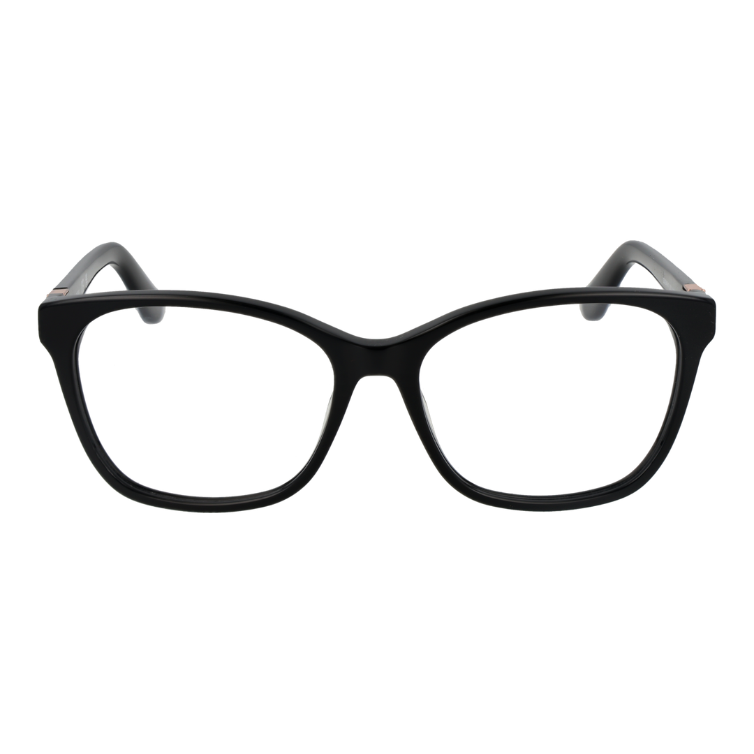 Black full-rim rectangular eyeglasses with rose-gold temple accents on a neutral background for Women