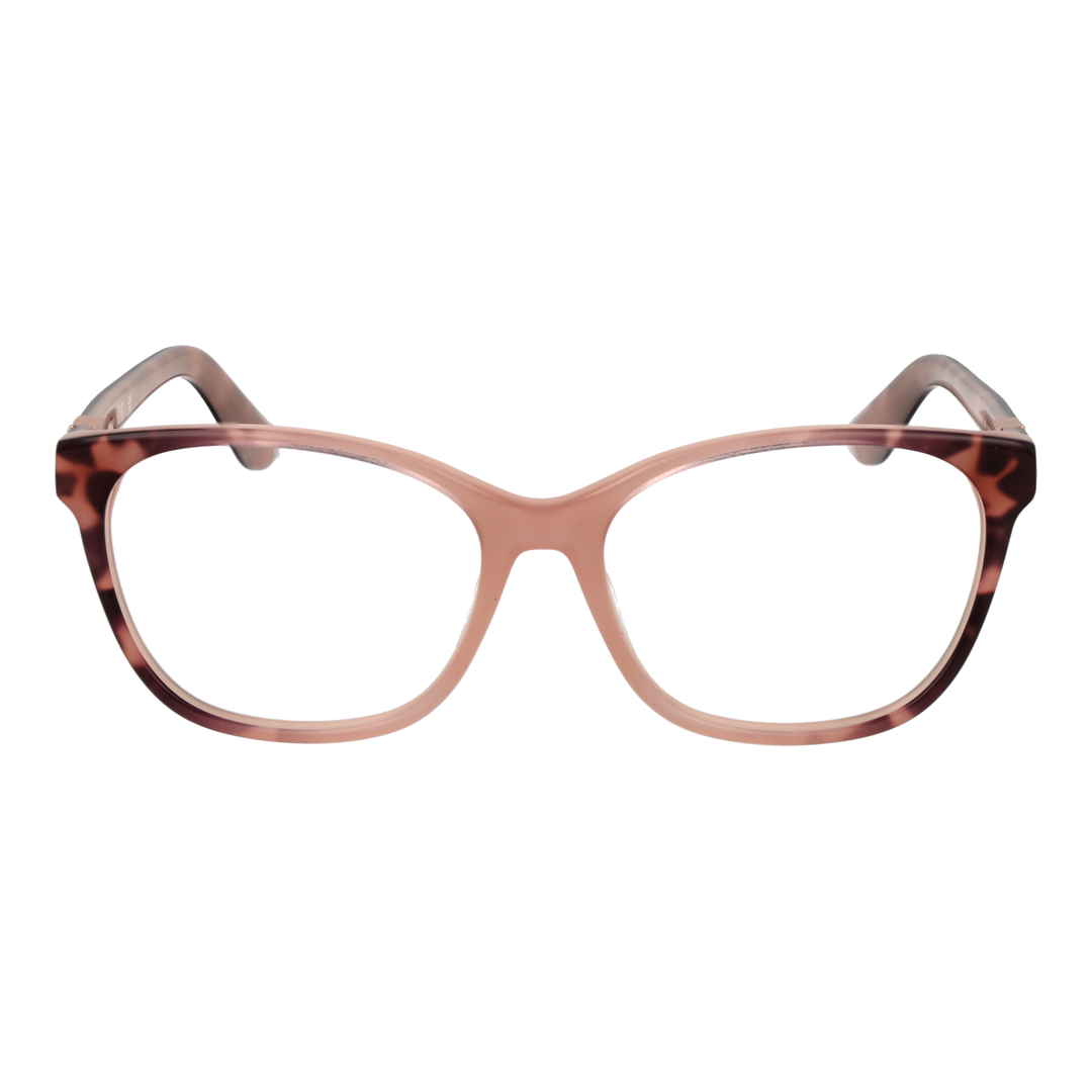 Pink and tortoiseshell full-rim rectangular eyeglasses with decorative metal logo on temples